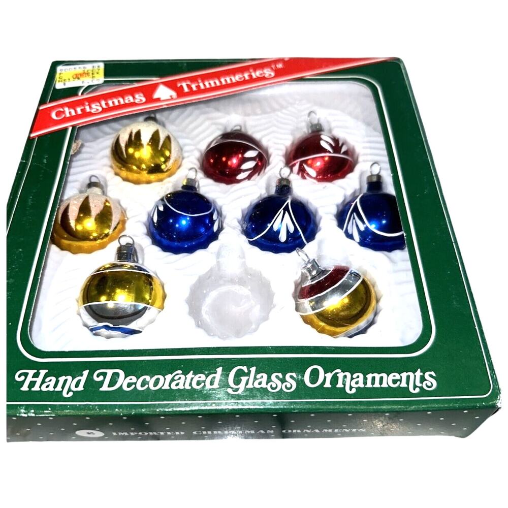 9 Vintage Bradford Mercury‎ Glass Ornaments 1.25" Sugared Striped Boxed